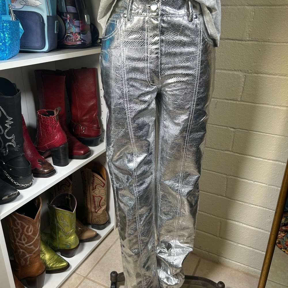 SILVER FAUX LEATHER STRAIGHT LEG PANTS | RIVER ISLAND